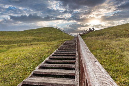 Wooden stairs across rolling green hillsの写真素材