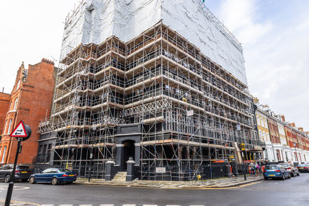 Building construction site with extensive scaffolding in urban city. London, UK, 28 October 2023のeditorial素材