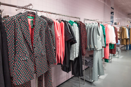 Stylish Clothing Collection on Display in Modern Boutique Shop. London, UK, 28 October 2023のeditorial素材