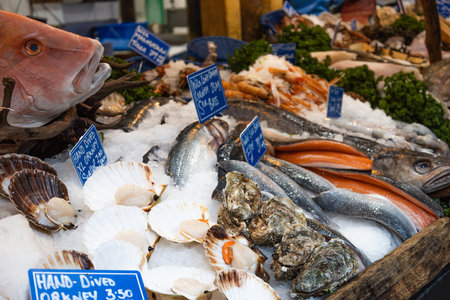 Fresh Seafood Display on Ice at Borough Market in London, UKの写真素材