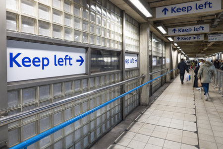 Keep Left Sign in London Underground Subway Tunnel Corridor