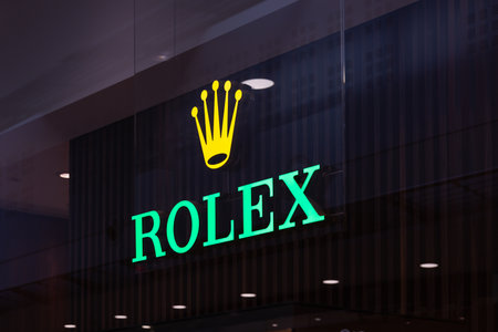 Illuminated Rolex Store Sign Luxury Watch Boutique. London, UK, 17 February 2024のeditorial素材