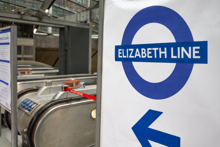 Elizabeth Line Sign at London Underground Station. London, UK, 17 February 2024のeditorial素材