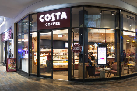 Exterior View of Costa Coffee Shop Retail Branch. London, UK, 17 February 2024のeditorial素材