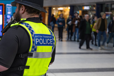 British Transport Police Officer Patrolling Station. London, UK, 11 February 2024のeditorial素材