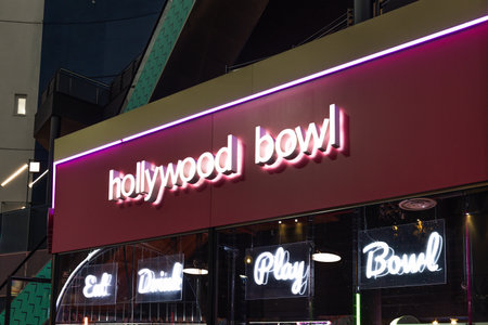 Illuminated Hollywood Bowl Neon Sign. London, UK, 17 February 2024のeditorial素材