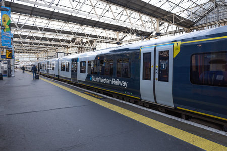 South Western Railway Train at London Waterloo Station Platform. London, UK, 6 April 2024