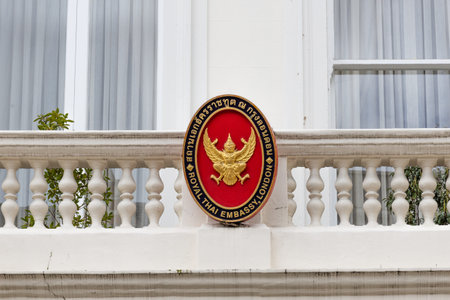 Royal Thai Embassy Emblem on White Balcony. London, UK, 7 April 2024のeditorial素材