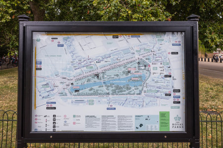 Information board with map in St Jamess Park. London, UK, 10 August 2024