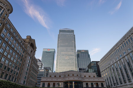 Modern corporate office buildings in Canary Wharf. London, UK, 23 June 2023
