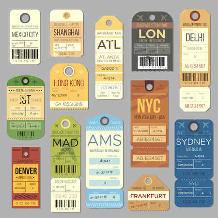 Luggage carousel baggage vintage tag symbols. Old train ticket and airline journey stamp symbol. London tour trip ticket vector setのイラスト素材