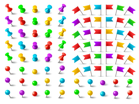 Colors pushpin, navigation pinned flag, and distance thumbtack. Push pins for pushing on map board isolated on white background vector setのイラスト素材