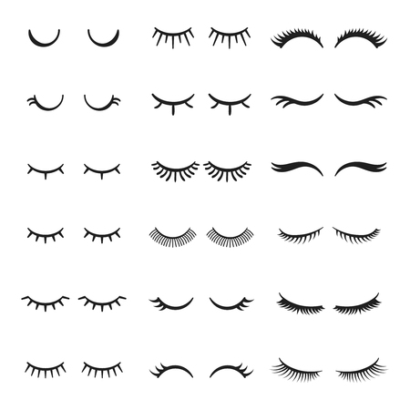 Pretty cute beauty mascara face makeup closed eyes girl with shiny beautiful black eyelashes. Fabulous fashion girly sleep eyelash vector setのイラスト素材