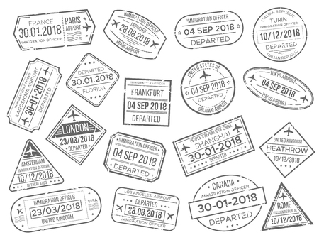 Simple business airport cachet mark and customs airplane passports control stamp. Foreign Japan UK Italy China Canada France travel and immigration passport official stamps vector stamps sign setのイラスト素材