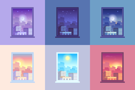 Window day time view. Sunrise sun dawn morning noon sunset dusk afternoon day and night stars at city house windows apartment colorful purple orange blue pink cartoon vector concept illustrationのイラスト素材