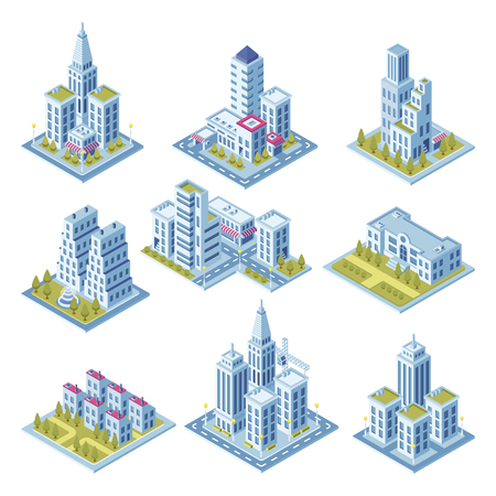 Isometric city architecture, cityscape building, landscape garden and business office skyscraper. Public property school and hospital buildings for 3d street movement map realistic isolated vector setのイラスト素材