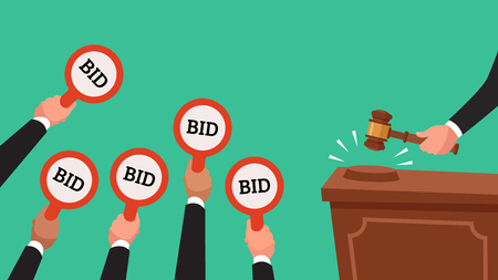 Auctioneer hold gavel in hand. Buyers competitive raising arm holding bid paddles with numbers of price. Auction bidding businessman human trade market colorful vector concept flat illustrationの写真素材