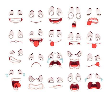 Cartoon faces. Happy excited smile laughing unhappy sad cry mouth and crazy sick scared face expressions character symbol. Expressive caricatures comic doodle tongue people vector isolated icon setのイラスト素材