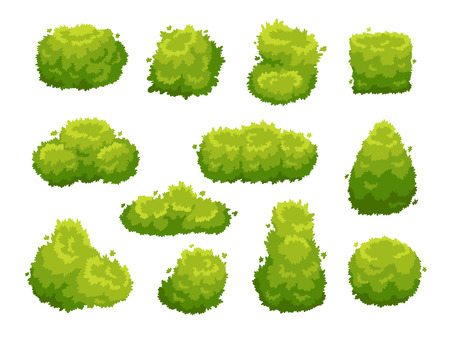 Garden bush. Green garden vegetation bushes icon. Cartoon shrubs for outdoor decorate landscape park hedge colorful vector isolated template sign setのイラスト素材