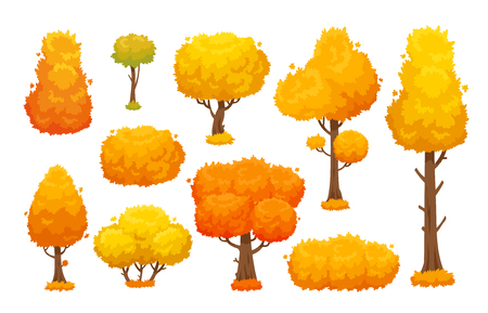 Colorful autumn trees. Cartoon yellow orange fall tree and autumnal garden bush icon with fall season gold leaves for city park and forest landscape background vector isolated symbol setのイラスト素材
