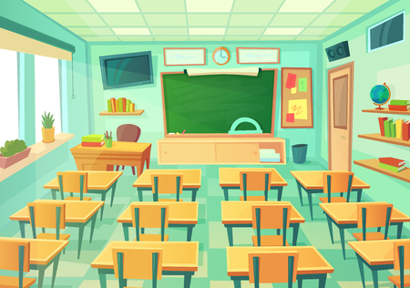 Empty cartoon classroom. School exam room with elementary class chalkboard and blackboard desks lesson college supplies students. Modern mathematical classrooms table interior vector illustrationのイラスト素材