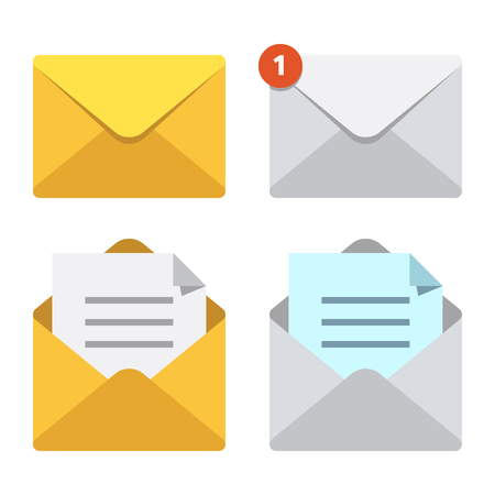 Letter in mail envelope. Mailbox notification or email message icons receiving mms closed post letter correspondence paper delivery. Open or closed letters postal envelopes vector isolated symbol setのイラスト素材