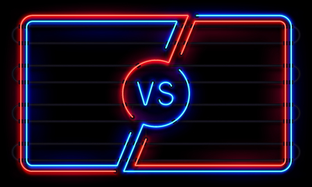 Versus neon frame. Sport battle glowing lines banner, VS duel boxing match fight vs sign defeat blue and red. Sports fight team win game frames icon vector backgroundのイラスト素材