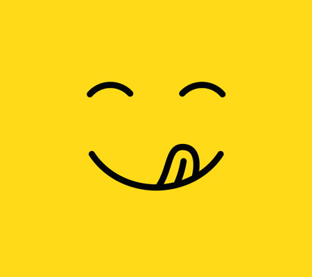 Yummy smile. Delicious, tasty eating emoji face eat with mouth and tongue gourmet enjoying taste. Funny hungry yummy tasting food mood logo line yellow vector isolated iconのイラスト素材