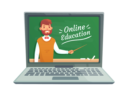 Online teacher education. Professor teach at school blackboard on laptop screen computer virtualization internet seminar. Remote learning study webinar training vector illustrationのイラスト素材
