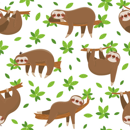 Cartoon sloth seamless pattern. Cute sloths on tropical lianas branches adorable. Lazy jungle animal hanging fabric funny at rainforest trees leaves wildlife textile texture patterns vector backgroundのイラスト素材