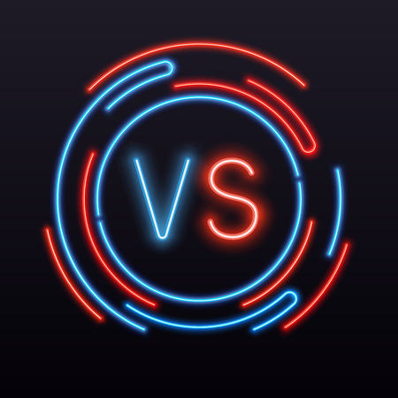 Neon versus. VS symbol into round sign glint. Confrontation fight battle boxing mma championship game challenge competition match duel laser vector icon banner emblemのイラスト素材