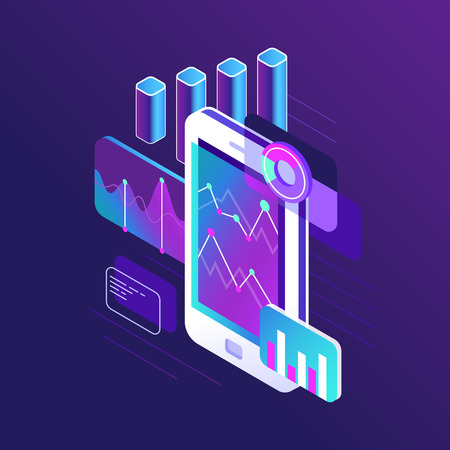 Data research infographic, trends graph and business strategy charts perspectives analytic on smartphone screen flowchart development. Trend chart mobile 3d isometric realistic vector illustrationの写真素材