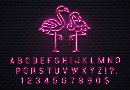 Flamingo neon sign. Pink 80s font. Tropical flamingos electric glow bar billboard logo with fluorescent purple light bulb letters text and numbers symbols vintage decoration vector illustrationの写真素材