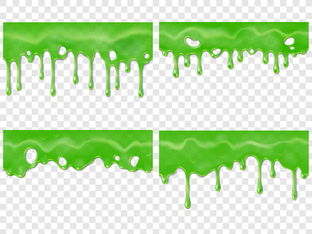 Realistic dripping slime. Seamless green stain of drippings poison drops. Mucus drip drop toxic goo sticky radioactive 3D realistic halloween decorative vector illustration isolated icons setのイラスト素材