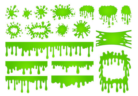 Cartoon liquid slime. Green goo paint drops, spooky splash drop border and scary dripping spooky halloween decorative stain, ink toxic sticky texture vector isolated symbols setのイラスト素材