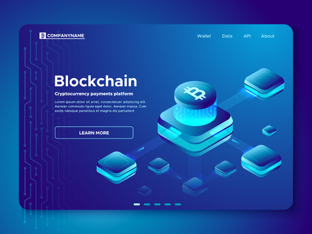 Blockchain composition. Cryptography anonymous cryptocurrency payments 3d concept platform composite currency analyst pay. Secure connection crypto electronic cash paying isometric vector illustrationのイラスト素材
