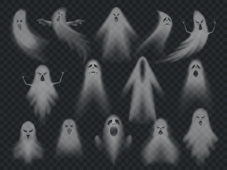 Transparent ghost. Horror spooky ghosts, halloween night ghostly ghoul. Scary phantom eerie apparition figure face, soul spirit dead fly demon silhouette vector illustration symbols setの写真素材