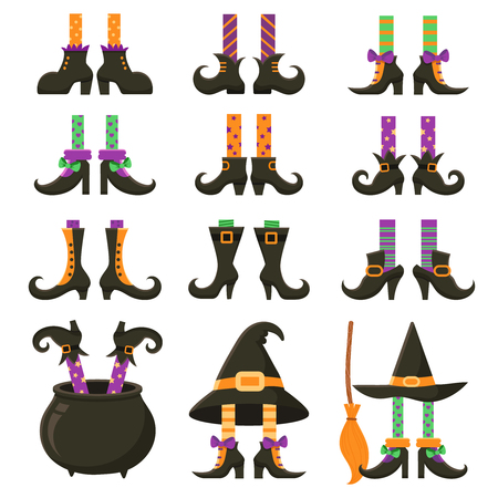 Scary witch legs. Halloween witches leg stockings and striped dress socks with broom. Vintage witchcraft cauldron and feet boots for party invitation card, cartoon vector isolated icon setのイラスト素材