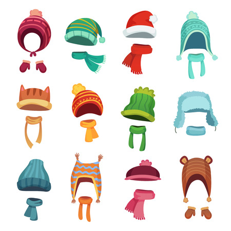 Winter kids hat. Warm childrens hats and scarves. Headwear and autumn scarf accessories for boys and girls, knit cap outfit for mobile application, cartoon vector isolated icons setのイラスト素材