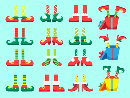 Christmas elf feet. Shoes for elves foot, Santa Claus helpers dwarf leg in pants, funny striped socks and boots. Xmas 2019 present and winter gifts isolated vector icons setのイラスト素材