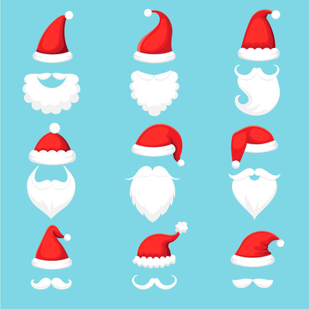 Santa Claus hat and beard. Christmas traditional red warm hats with fur, white beards with mustaches cap silhouette. Xmas wearing mask for mobile app. Cartoon illustration vector isolated icons setのイラスト素材