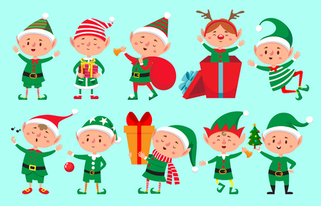 Christmas elf character. Santa Claus helpers cartoon, cute dwarf elves fun characters, santas helper, Xmas little green fantasy assistant winter 2019 vector isolated icons setのイラスト素材