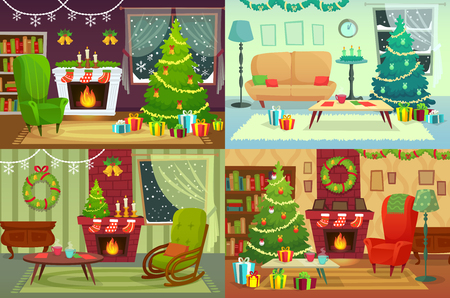 Christmas room interior. Xmas home decoration, Santa gifts under traditional tree and winter holiday cozy house living room interior with fireplace, cartoon vector illustration collageのイラスト素材
