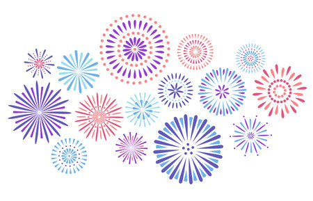 Festive fireworks. Celebration party firework, festival firecracker and, holiday feast celebrated colorful sky fire explosion stars, birthday or Xmas celebrating isolated vector backgroundのイラスト素材