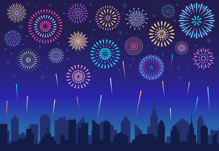 Night city fireworks. Holiday feast celebration firework, celebrated festive firecracker over town new year, carnival or independence day celebrate silhouette vector backgroundのイラスト素材