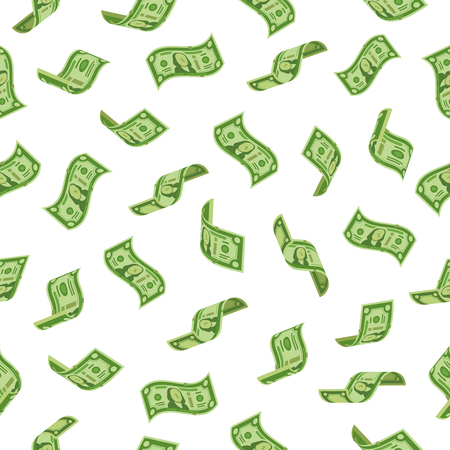 Money rain. Falling dollars denominations, raining cash banknotes or flying dollar banknote charitable investment. Wealth abundance, bill economy or banking taxes seamless vector backdropのイラスト素材
