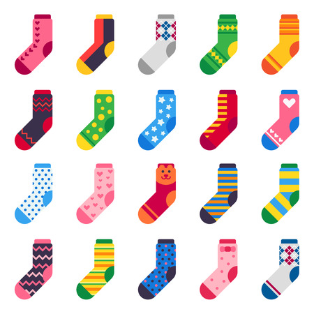 Flat socks. Long sock for child feet, elastic colorful fabric and striped Xmas warm kids ankle or sport feet cotton or wool comfort clothes vector isolated icons setのイラスト素材