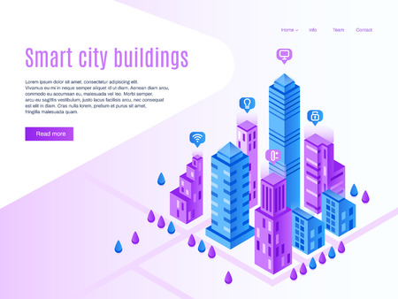 Intelligent city buildings. Urban landing page, futuristic cityscape and smart town. High tech building, it future digital cyber architecture vector isometric illustrationのイラスト素材