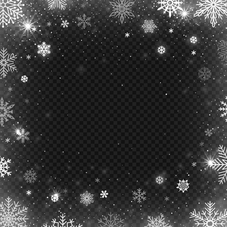 Snowflakes frame. Winter snowed border, frost snowflake and christmas cold blizzard snow greeting card, wishes postcard or snowflakes background, holiday vector design templateのイラスト素材
