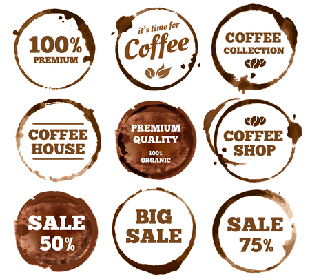Coffee labels. Watercolor dirty espresso cup ring stain logo. Cups logos stain splash texture with calligraphy. Vector stained insignia restaurant vintage isolated symbol illustrationのイラスト素材